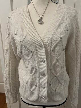 Sam Edelman White Cable Knit Cardigan Rhinestones Trim & Buttons Sz M EUC